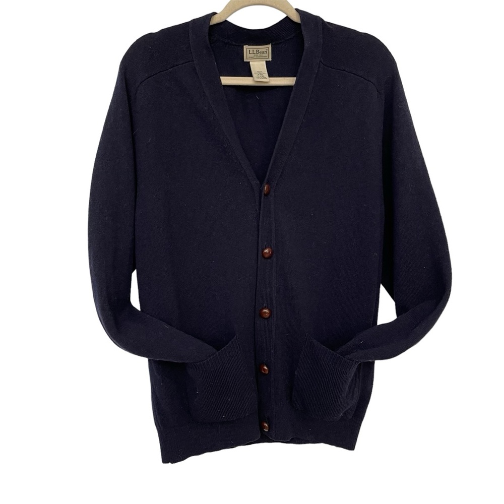 LL Bean Men's Medium-Regular Navy Wool Grandpa Cardigan Wood Buttons